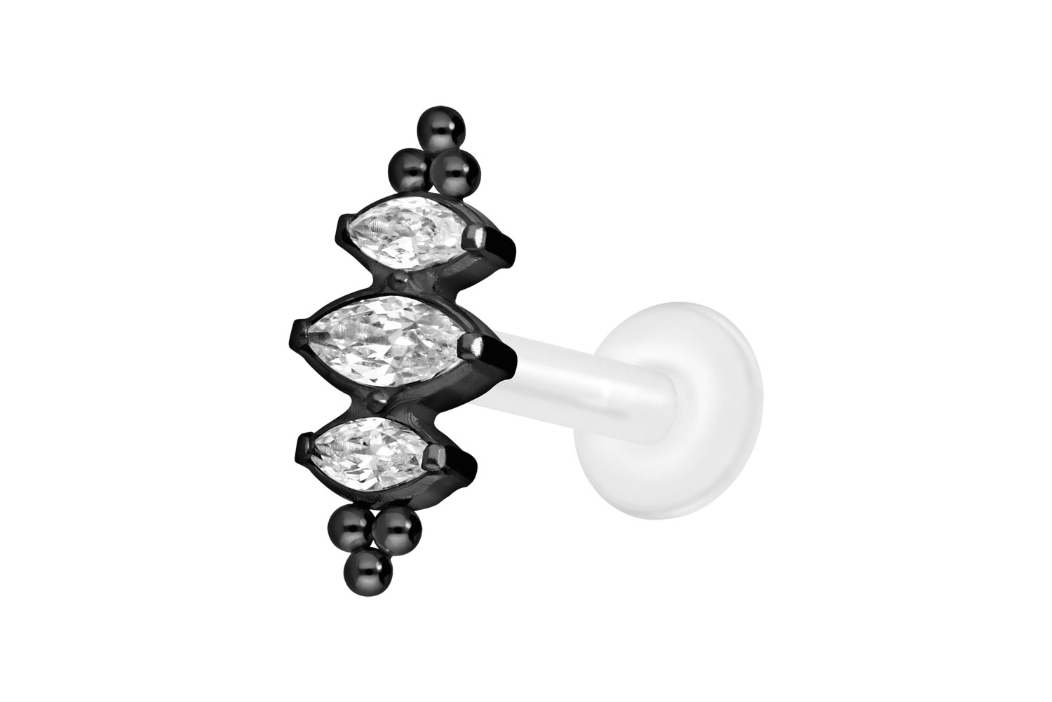 PTFE Labret Piercing mit Innengewinde + Titan-Aufsatz 3 KRISTALLTROPFEN + KUGELN